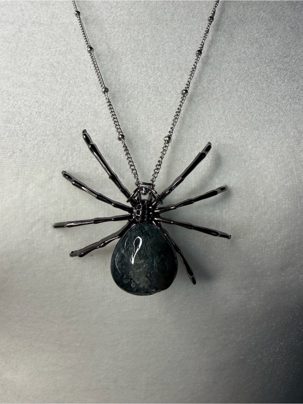 Natural Moss Agate Spider Necklace Green Stone Statement Pendant